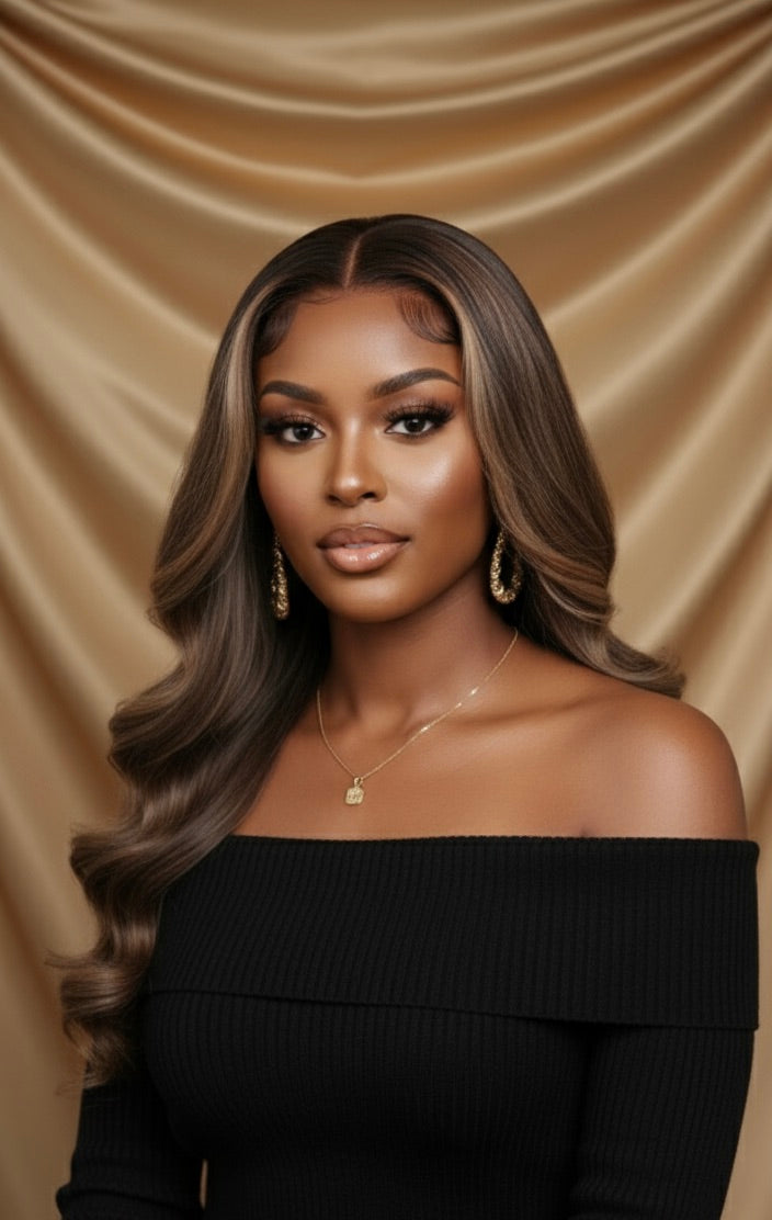 Woman with body wave styled hair against a beige curtain background