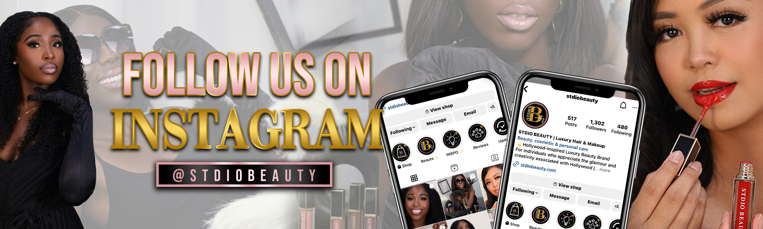 Promotional image STDIO Beauty on instagram Hollywood-inspired design in black, gold, and red.STDIO Beauty Black Friday Sale banner featuring luxury beauty products, bold text announcing exclusive discounts, and a glamorous Hollywood-inspired design in black and gold and red lipgloss, glamorous makeup and hair stunning models in elegant gown STDIO BEAUTY Luxury raw and vi