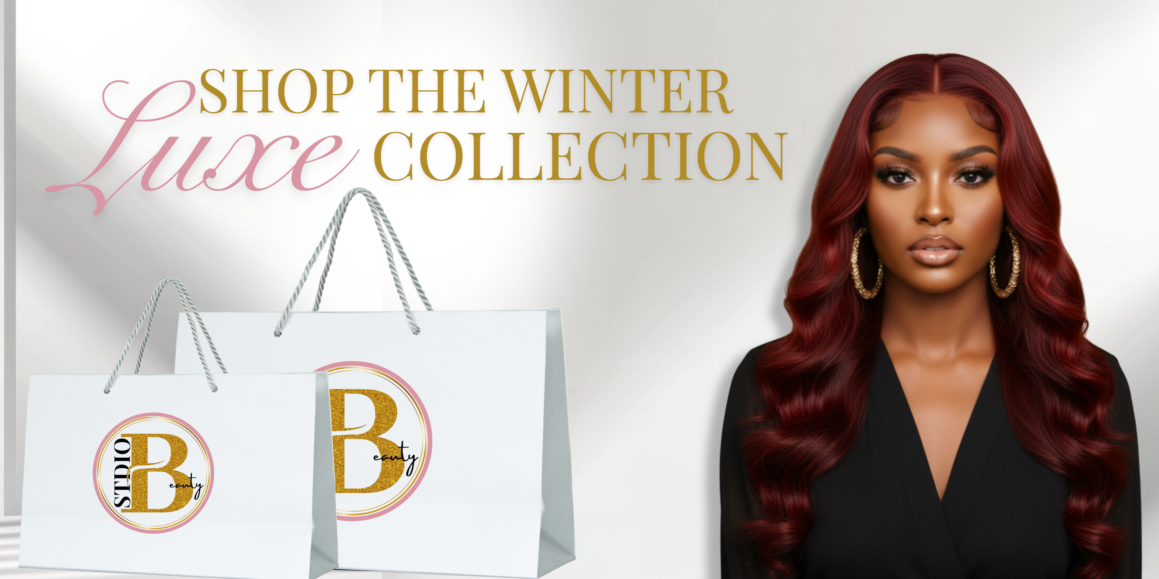 Advertisement for a winter luxe collection with a woman in a burgundy body wave wig and shopping bags featuring stdio beauty brand logo.