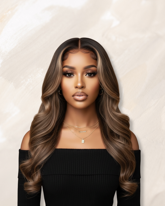 Woman with long, body wave hair style, brown balayage look against a neutral background.