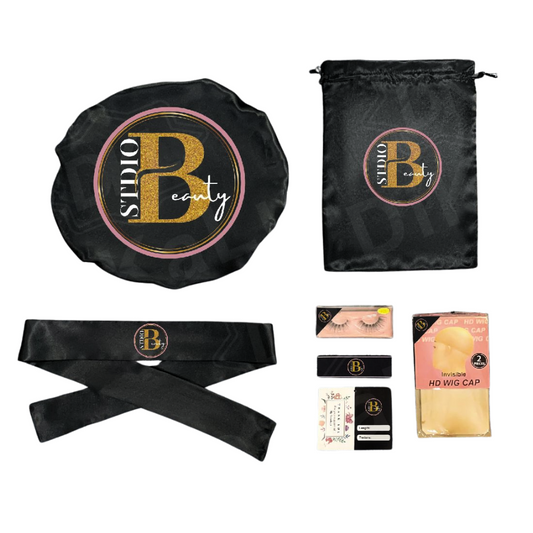 Collection of beauty products, bonnet, scarf, lashes with 'STDIO Beauty' branding on a white background