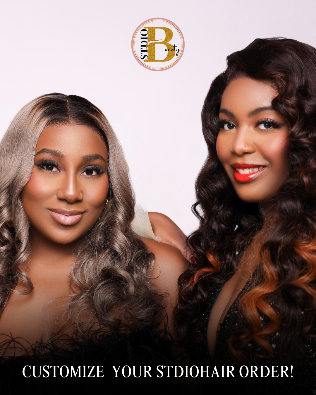 STDIO Beauty Black Friday Sale banner featuring luxury beauty products, bold text announcing exclusive discounts, and a glamorous Hollywood-inspired design in black and gold and red lipgloss, glamorous makeup and hair stunning models in elegant gown STDIO BEAUTY Luxury raw and virgin hair, makeup, soft glam